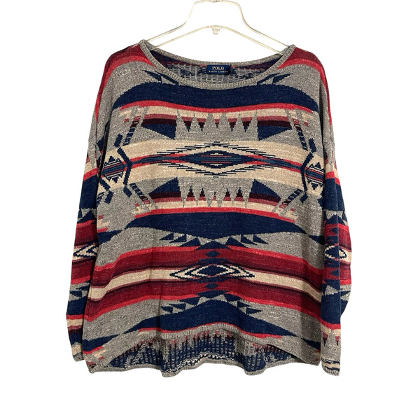 Polo Ralph Lauren Southwestern Sweater Size L Blue Red Multi Knit Stripe Western - Picture 1 of 12